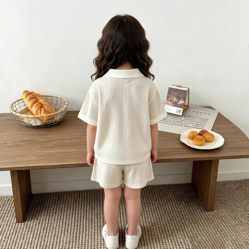 Girls Cream Textured Ribbed Polo T-Shirt With Shorts Sets 2 pc. Sets