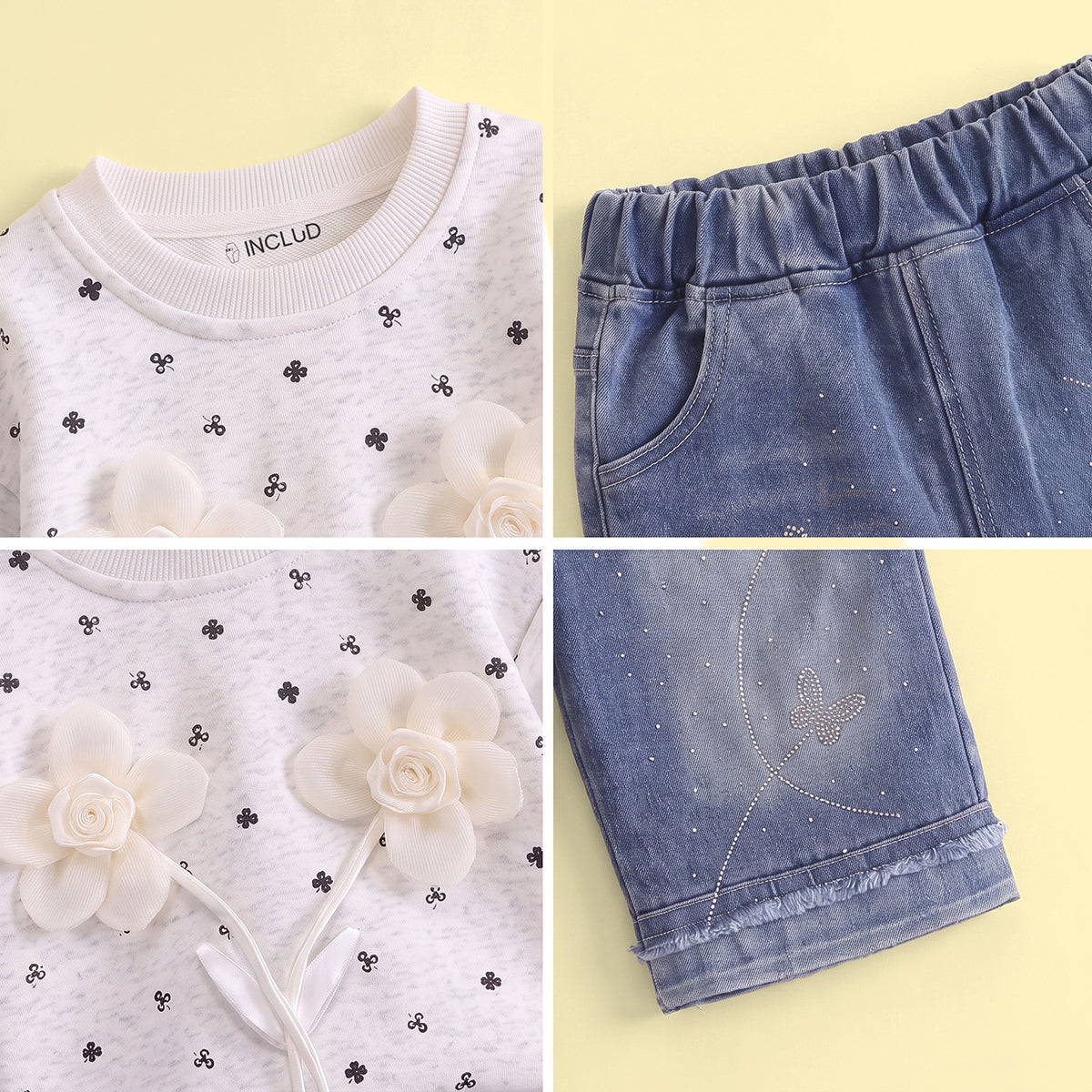 Girls Light Grey Floral Sweatshirt & Denim Pants Sets Sets