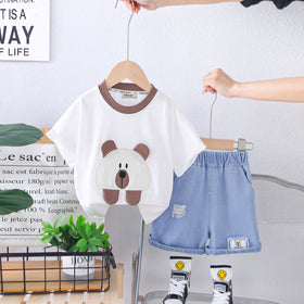 Boys Brown Teddy Patch Short Sleeves T-Shirt With Denim Shorts set 2 pc. Sets Brown 1-2 Y
