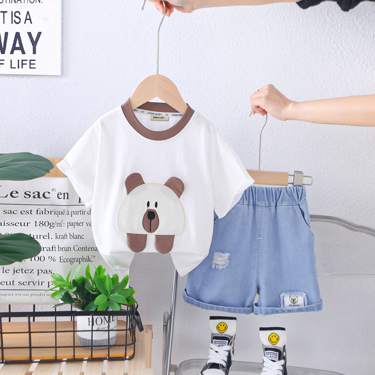 Boys Brown Teddy Patch Short Sleeves T-Shirt With Denim Shorts set 2 pc. Sets Brown 1-2 Y