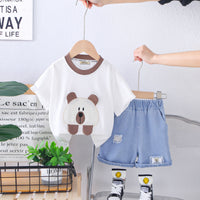 Boys Brown Teddy Patch Short Sleeves T-Shirt With Denim Shorts set 2 pc. Sets Brown 1-2 Y