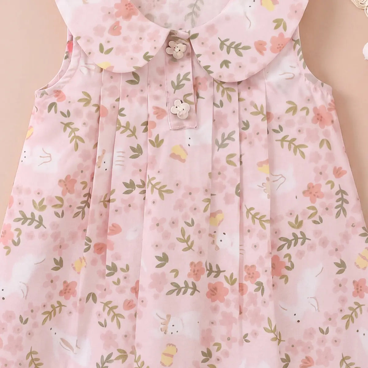 Girls Light Pink Floral Printed Sleeveless A-line Dress Casual Dresses