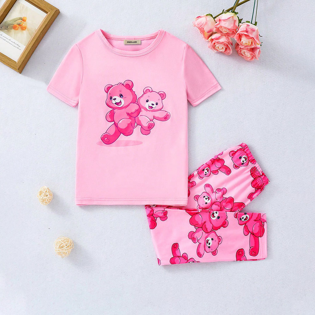 Girls Pink Printed Tee with Teddy Print Pajama Set Sets Pink 3-4 Y