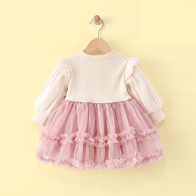 Girls Pink Puff Sleeve Bow Applique Flared Dress Casual Dresses