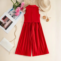 Girls Red Sleeveless Vest With Pleated Flared Pants Set Sets