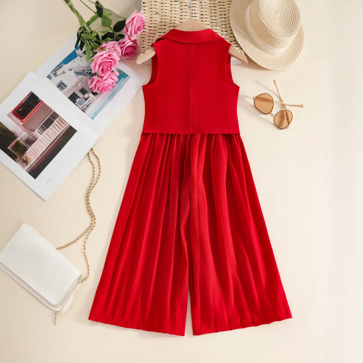 Girls Red Sleeveless Vest With Pleated Flared Pants Set Sets