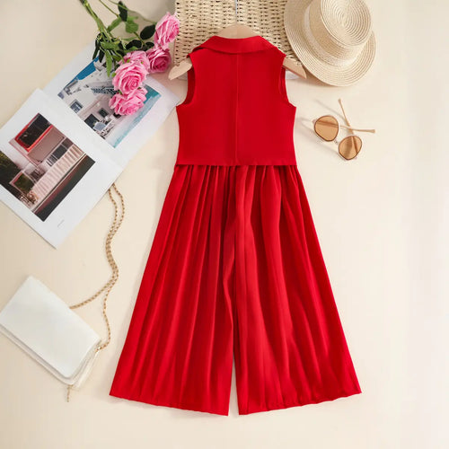 Girls Red Sleeveless Vest With Pleated Flared Pants Set Sets