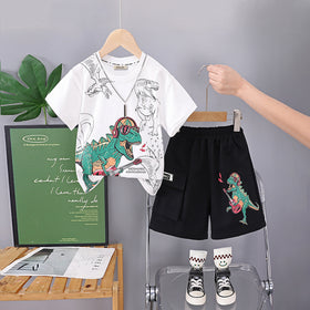 Boys Dinosaur Printed White T-Shirt With Shorts Set 2 pc. Sets White 1-2 Y