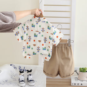 Boys Printed Shirt With Khaki Neck Tie And Shorts Set 3 pc. Sets
