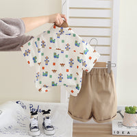 Boys Printed Shirt With Khaki Neck Tie And Shorts Set 3 pc. Sets