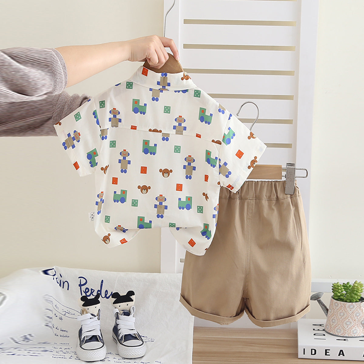 Boys Printed Shirt With Khaki Neck Tie And Shorts Set 3 pc. Sets