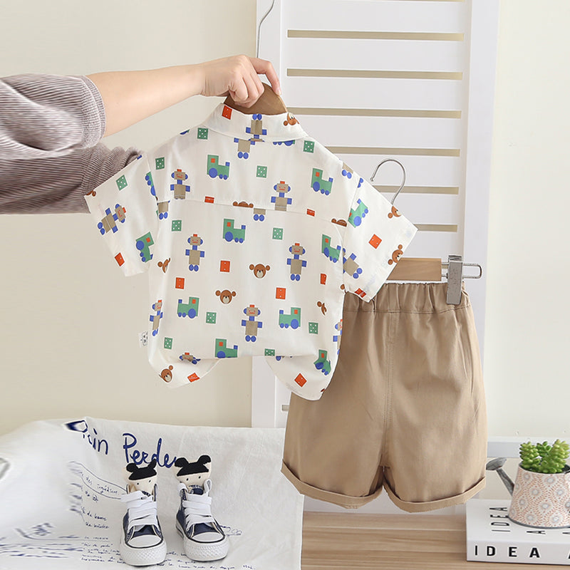 Boys Printed Shirt With Khaki Neck Tie And Shorts Set 3 pc. Sets