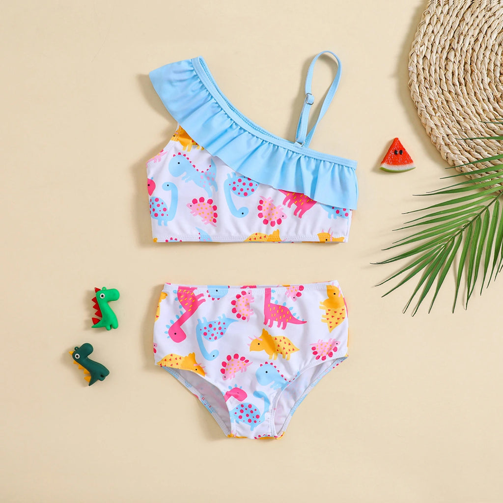 Girls White Dinosaur Printed One Shoulder Top With Briefs Swimwear Sets Sets White 1-2 Y