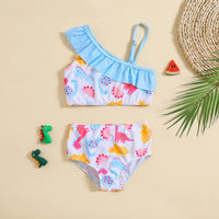 Girls White Dinosaur Printed One Shoulder Top With Briefs Swimwear Sets Sets White 1-2 Y