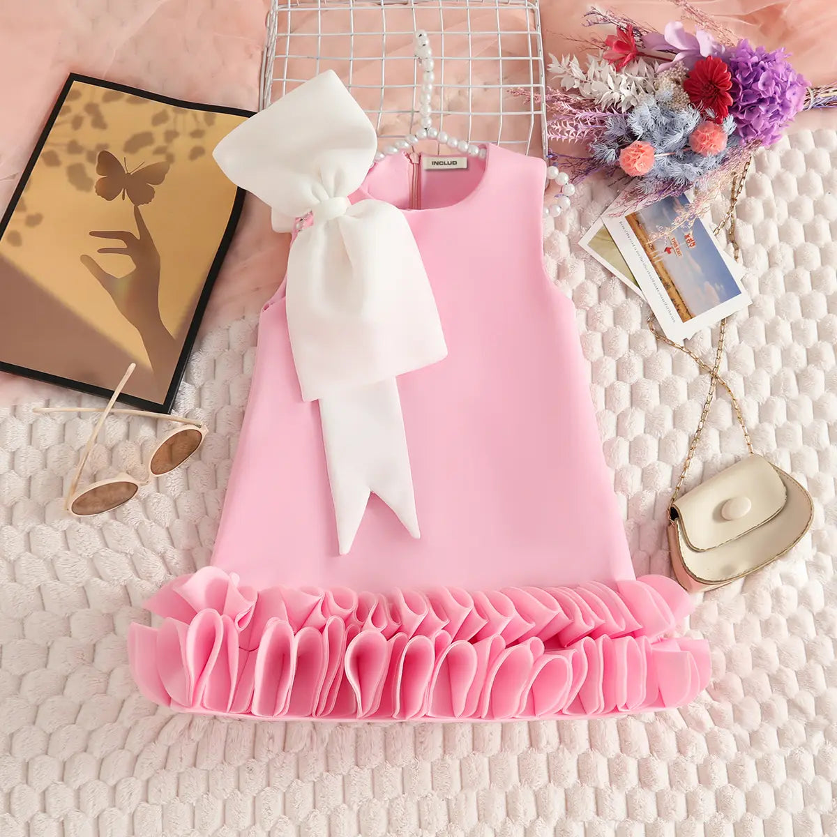 Girls Pink Sleeveless A-line Party Wear Dress With Bow Applique Party Dresses Pink 2-3 Y