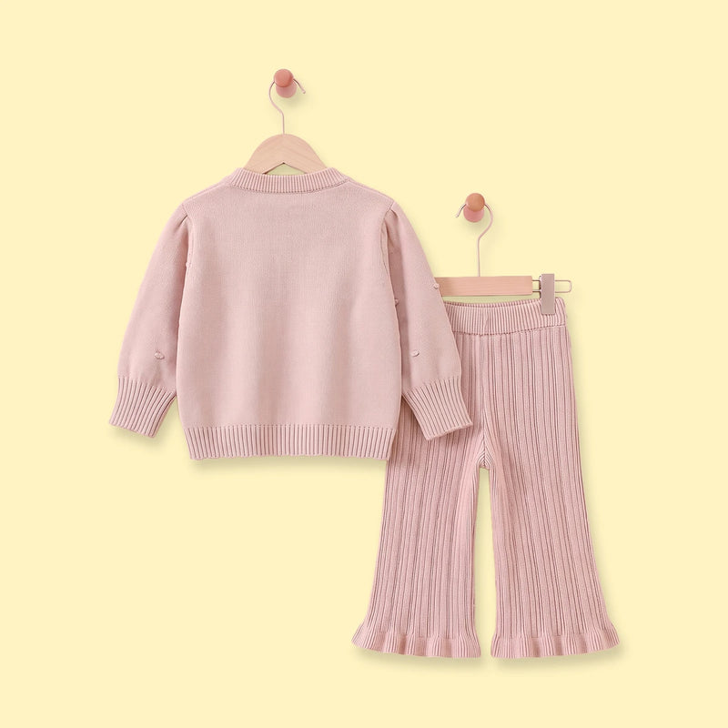 Girls Peach Flower Applique Knitted Sweater & Pants Sets Sets