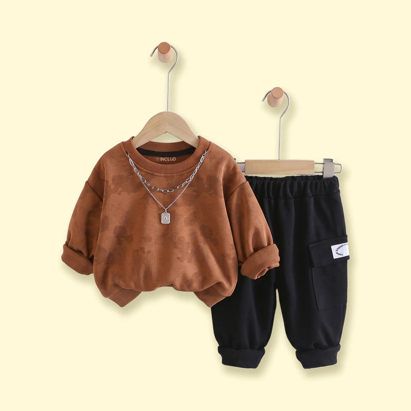 Boys brown abstract print long sleeve sweatshirt and pants set