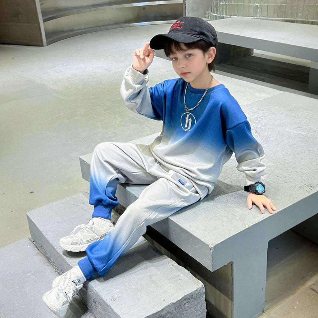 Boys Blue Ombre Printed Winter Sweatshirt With Jogger Set 2 pc. Sets