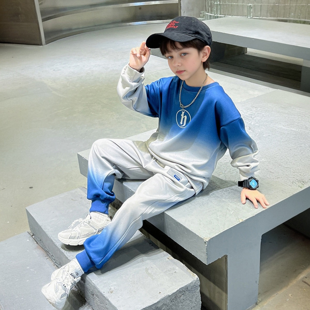 Boys Blue Ombre Printed Winter Sweatshirt With Jogger Set 2 pc. Sets