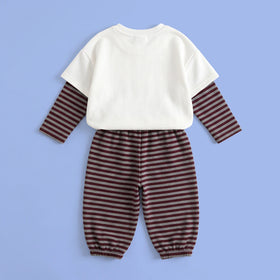 Girls White Graphic T-Shirt With Striped Pants Sets Sets