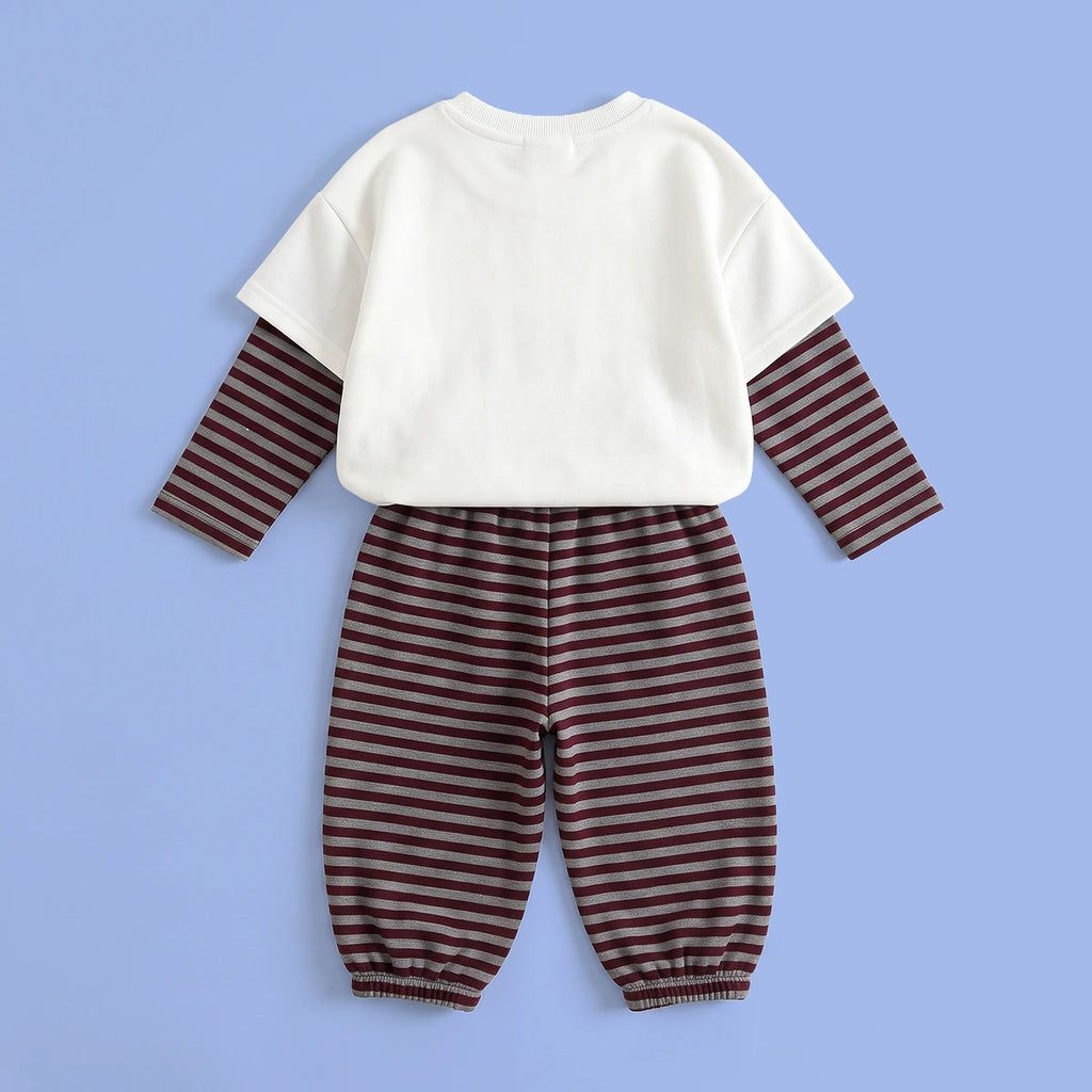 Girls White Graphic T-Shirt With Striped Pants Sets Sets