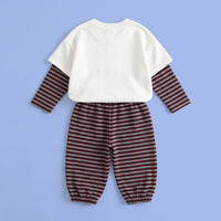 Girls White Graphic T-Shirt With Striped Pants Sets Sets