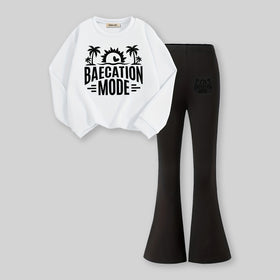 Girls White Typographic Printed Sweatshirt With Flared Pants Sets 2 pc. Sets White 7-8 Y