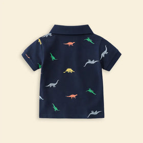 Boys Navy Blue Allover Dinosaur Printed Short Sleeves Polo T-Shirt Tshirts