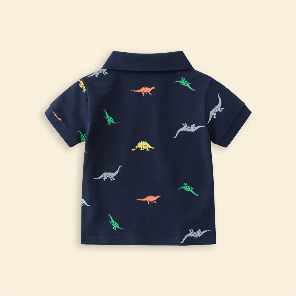 Boys Navy Blue Allover Dinosaur Printed Short Sleeves Polo T-Shirt Tshirts