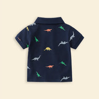 Boys Navy Blue Allover Dinosaur Printed Short Sleeves Polo T-Shirt Tshirts