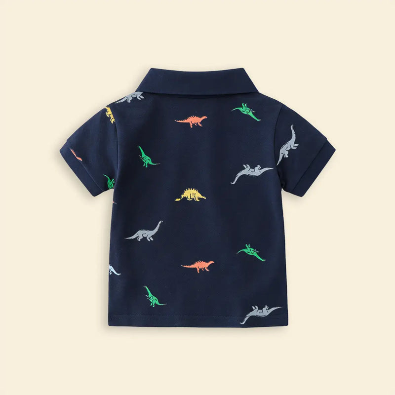 Boys Navy Blue Allover Dinosaur Printed Short Sleeves Polo T-Shirt Tshirts