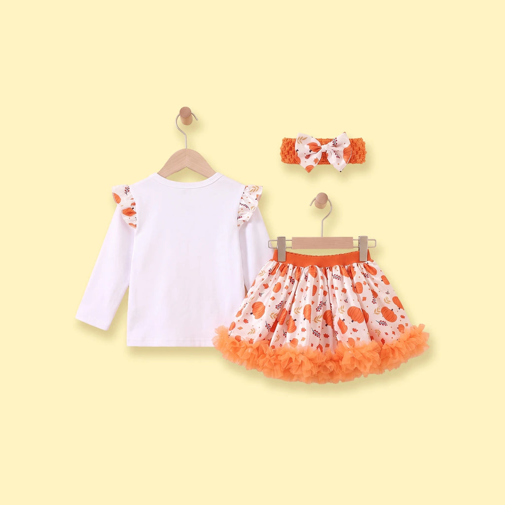 Girls White Happy Thanksgiving Print Top With Skirt Sets 2 pc. Sets