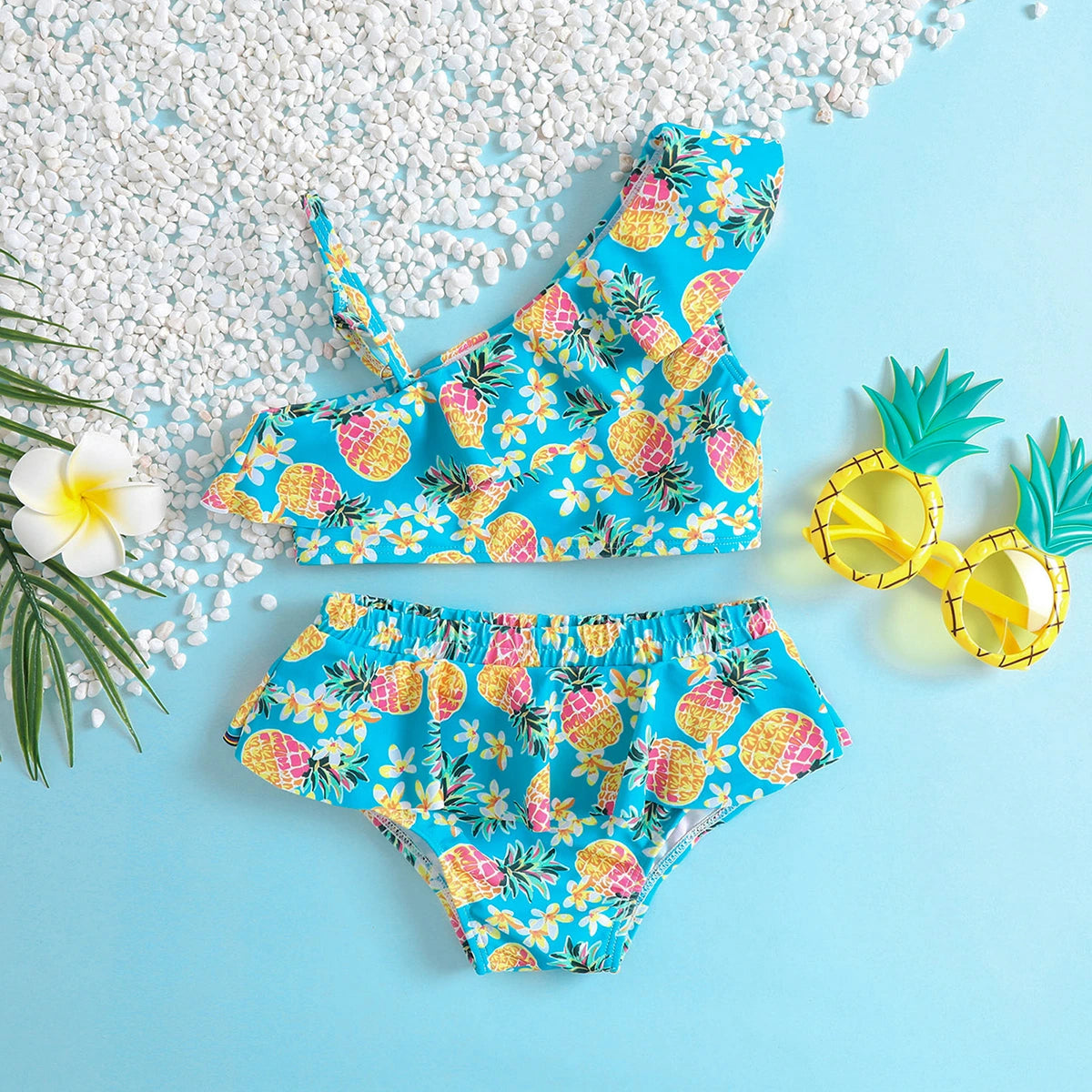 Girls Light Blue Pineapple Printed One Shoulder Top With Briefs Swimwear Sets Sets Light Blue 1-2 Y