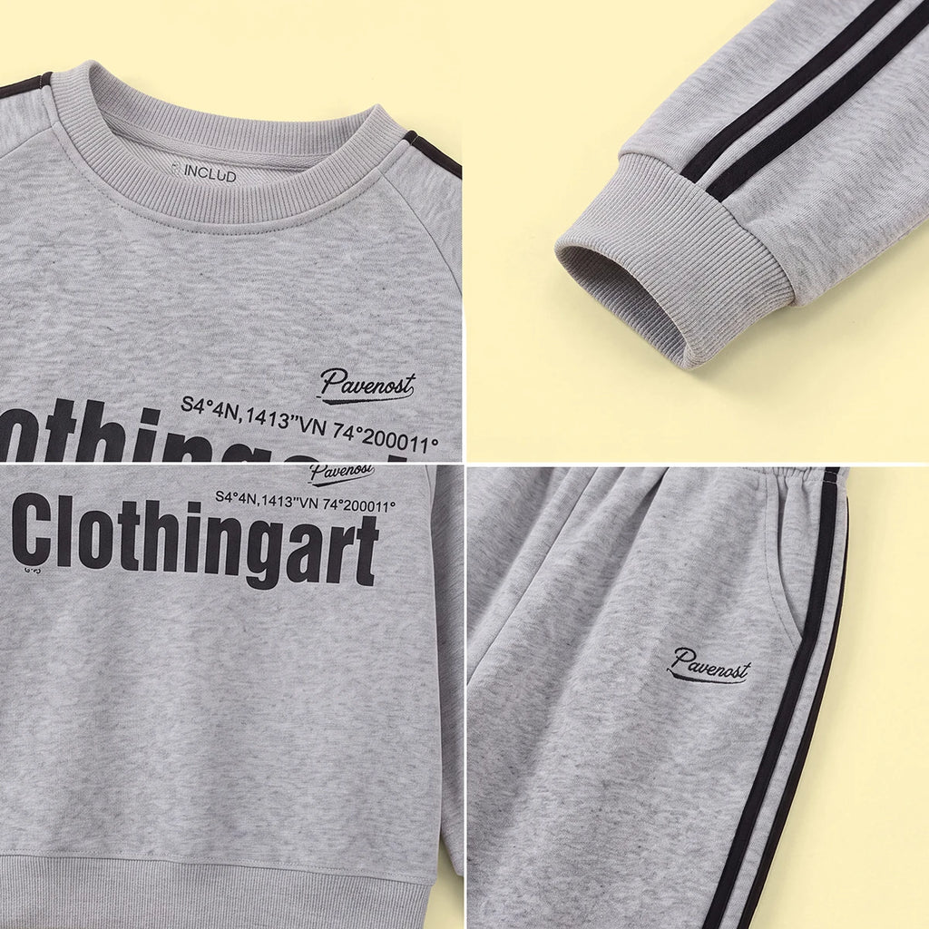 Boys Grey Typographic Printed Sweatshirt With Pants Set Sets