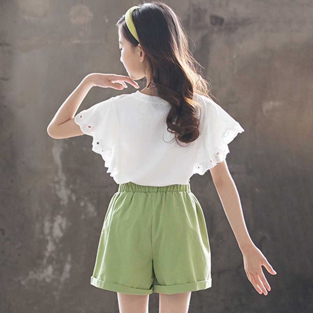Girls Lace Sleeve Graphic Top With Shorts Set 2 pc. Sets   