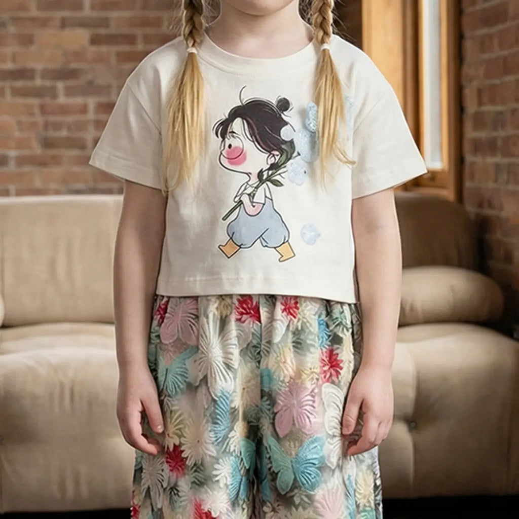 Girls Off White Graphics Top With Floral Printed Crop Pants Set Sets