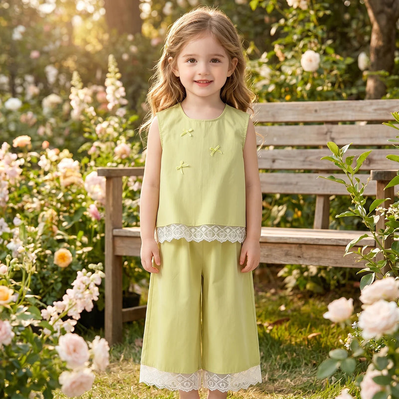 Girls Light Green Bow Applique Sleeveless Top With Pants Sets 2 pc. Sets Light Green 1-2 Y