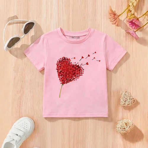 Girls Pink Heart Print Short Sleeve T-Shirt Tshirts Pink 2-3 Y