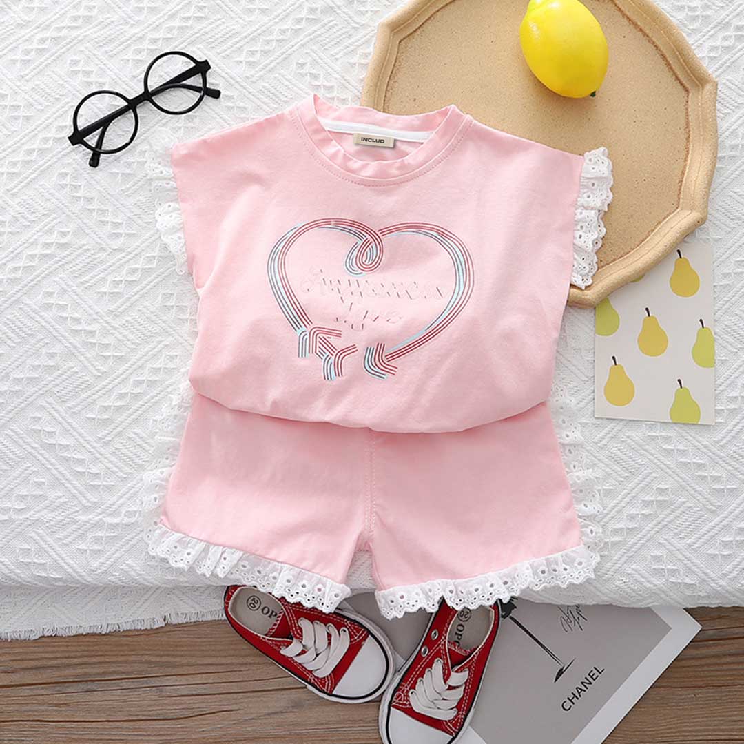 Girls Heart Print Short Sleeve T-Shirt With Shorts Set 2 pc. Sets Pink 1-2 Y 