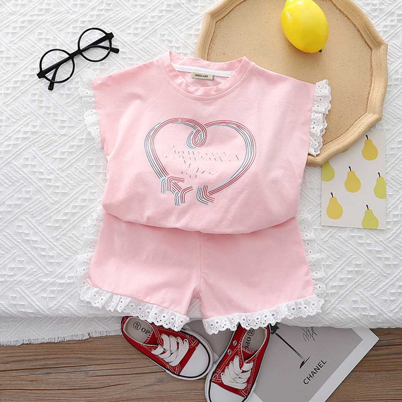 Girls Heart Print Short Sleeve T-Shirt With Shorts Set 2 pc. Sets Pink 1-2 Y 