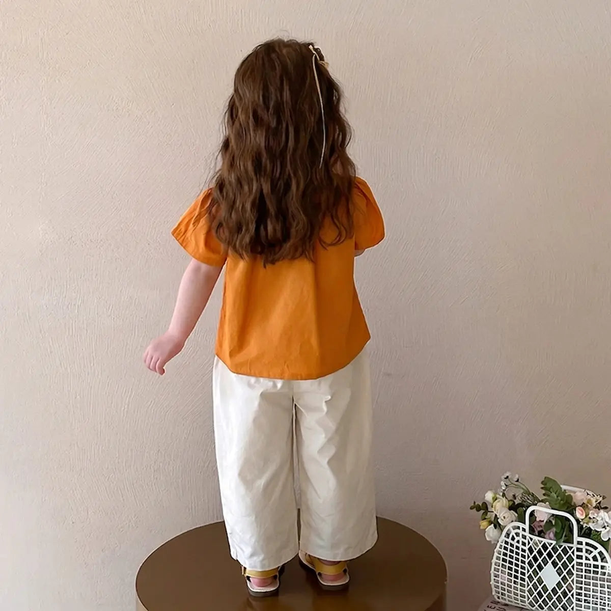 Girls Bright Orange Puff Sleeve Button-Down Top With Pants Sets Sets