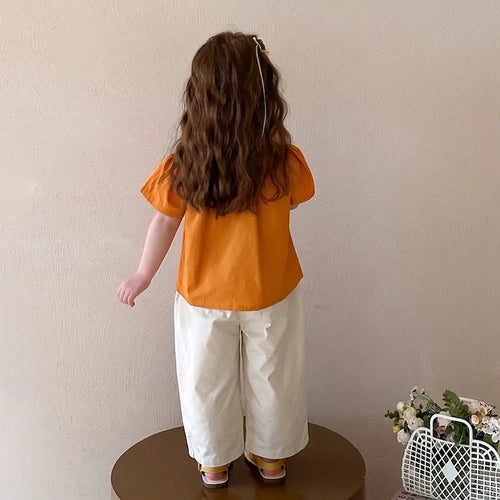 Girls Bright Orange Puff Sleeve Button-Down Top With Pants Sets Sets