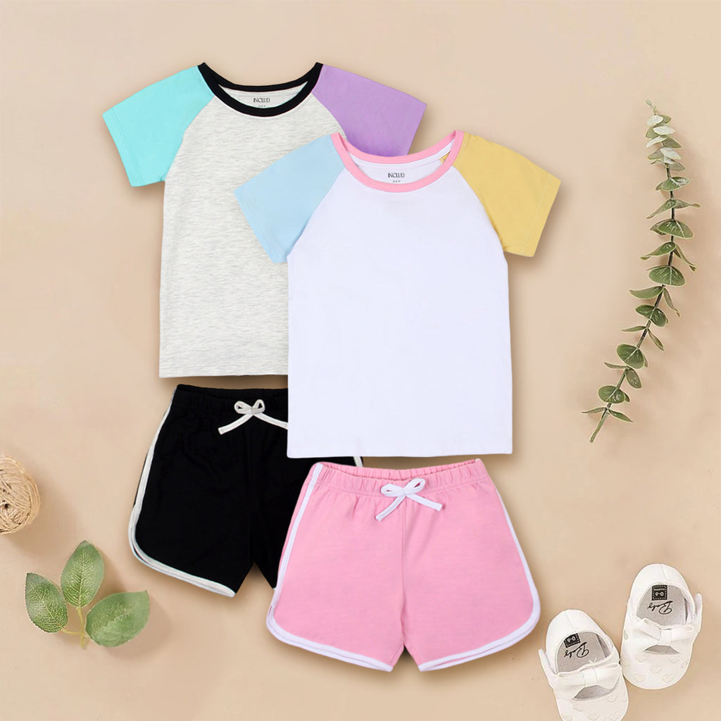 Girls Multicolor Color-blocked Raglan Sleeve T-Shirt With Sets - Pack of 2 Sets