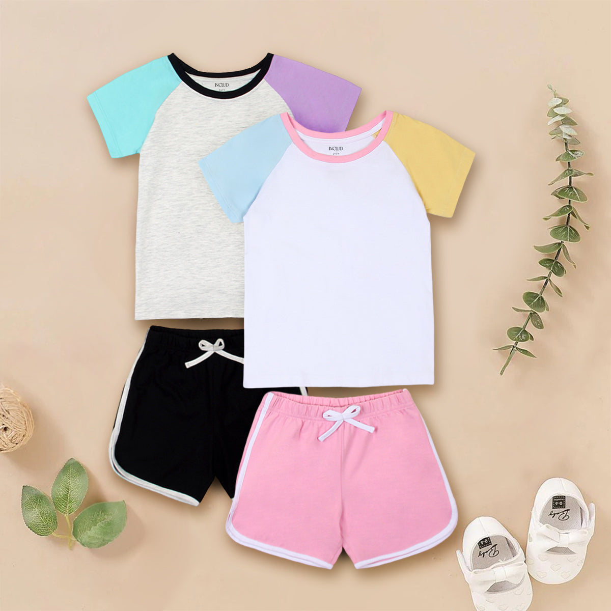 Girls Multicolor Color-blocked Raglan Sleeve T-Shirt With Sets - Pack of 2 Sets
