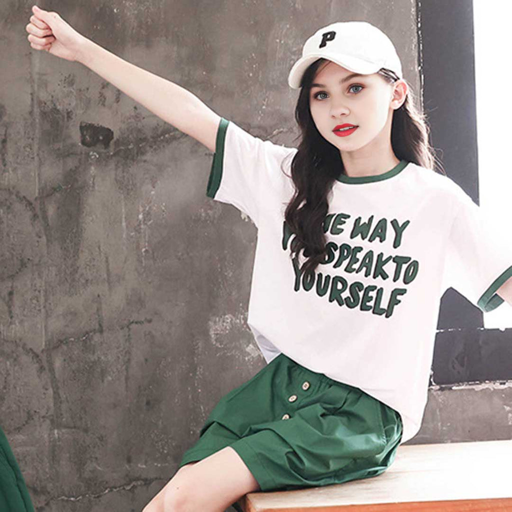 Girls Short Sleeve Typography Print T-Shirt With Shorts Set 2 pc. Sets   