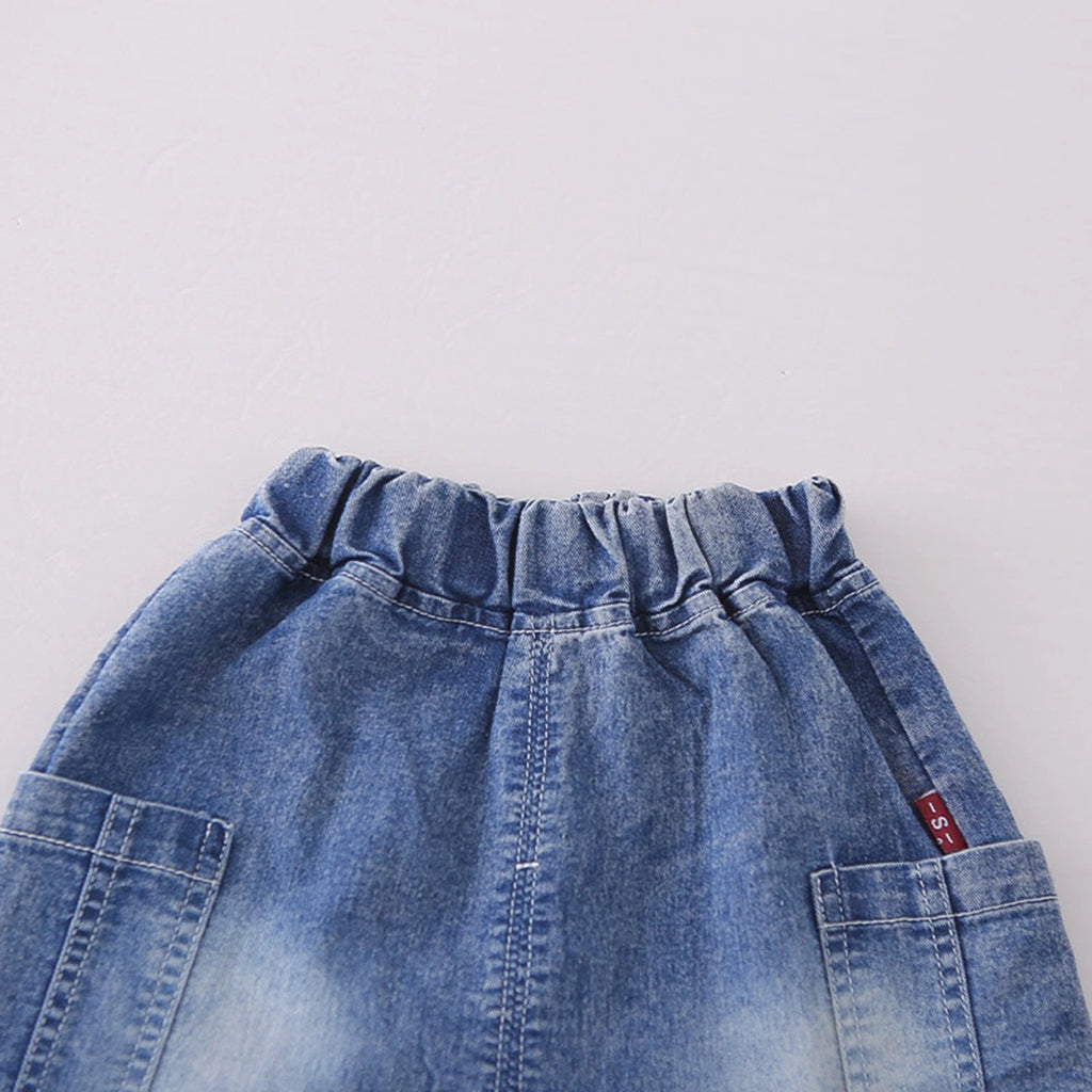 Boys Blue Denim Vest & Shorts With Printed T-Shirt Sets Sets