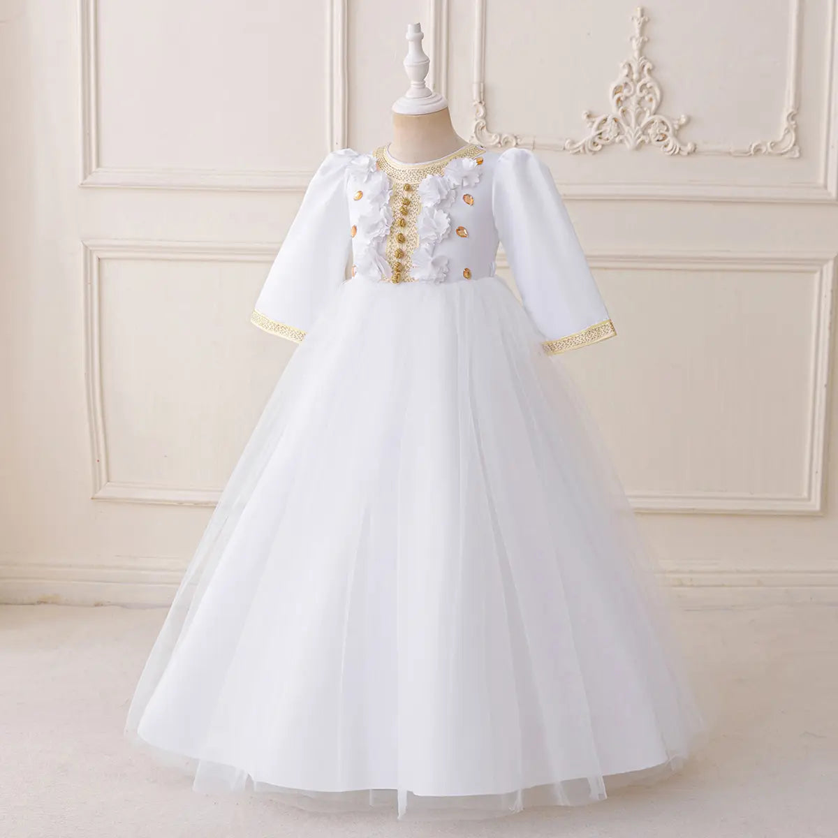 Girls White Embellished Fit & Flare Dress With Flower Appliques Casual Dresses