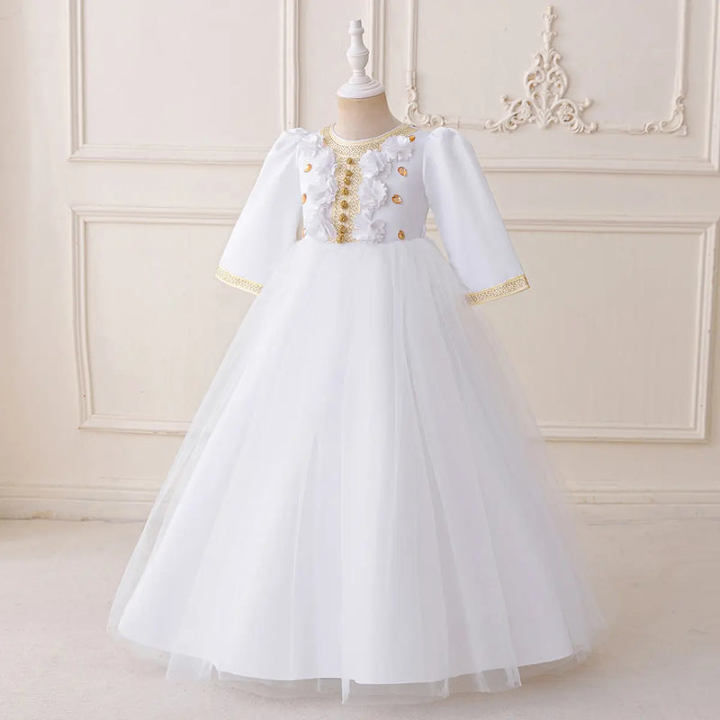 Girls White Embellished Fit & Flare Dress With Flower Appliques Casual Dresses