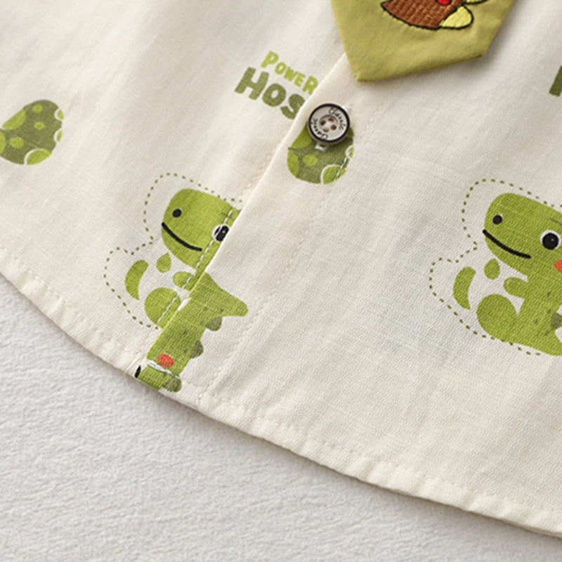 Boys Green Dino Printed Shirt With attached Tie & Shorts Set Sets