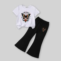 Girls White Butterfly Printed Short Sleeves T-Shirt With Wide-leg Pants Sets Sets